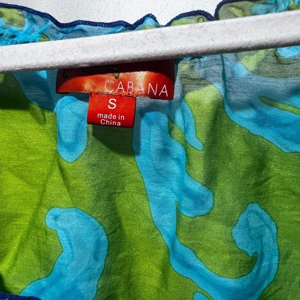 Cabana Boho Peasant Blouse Small Blue Green Tropical Print Tie Neck Top - Picture 4 of 5